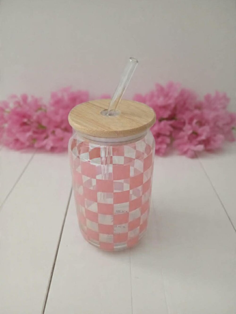 Pink Checkered Glass Can Tumbler | Bamboo Lid & Glass Straw